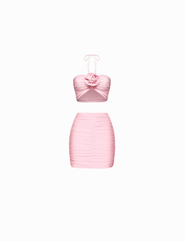 Stretch suit with bandeau top and short skirt